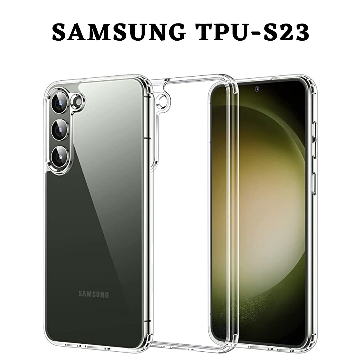 Transparente Handyhülle für Samsung S23. Drei Kameralinsen sichtbar. Der Bildschirm zeigt einen grün-gelben Farbverlauf.