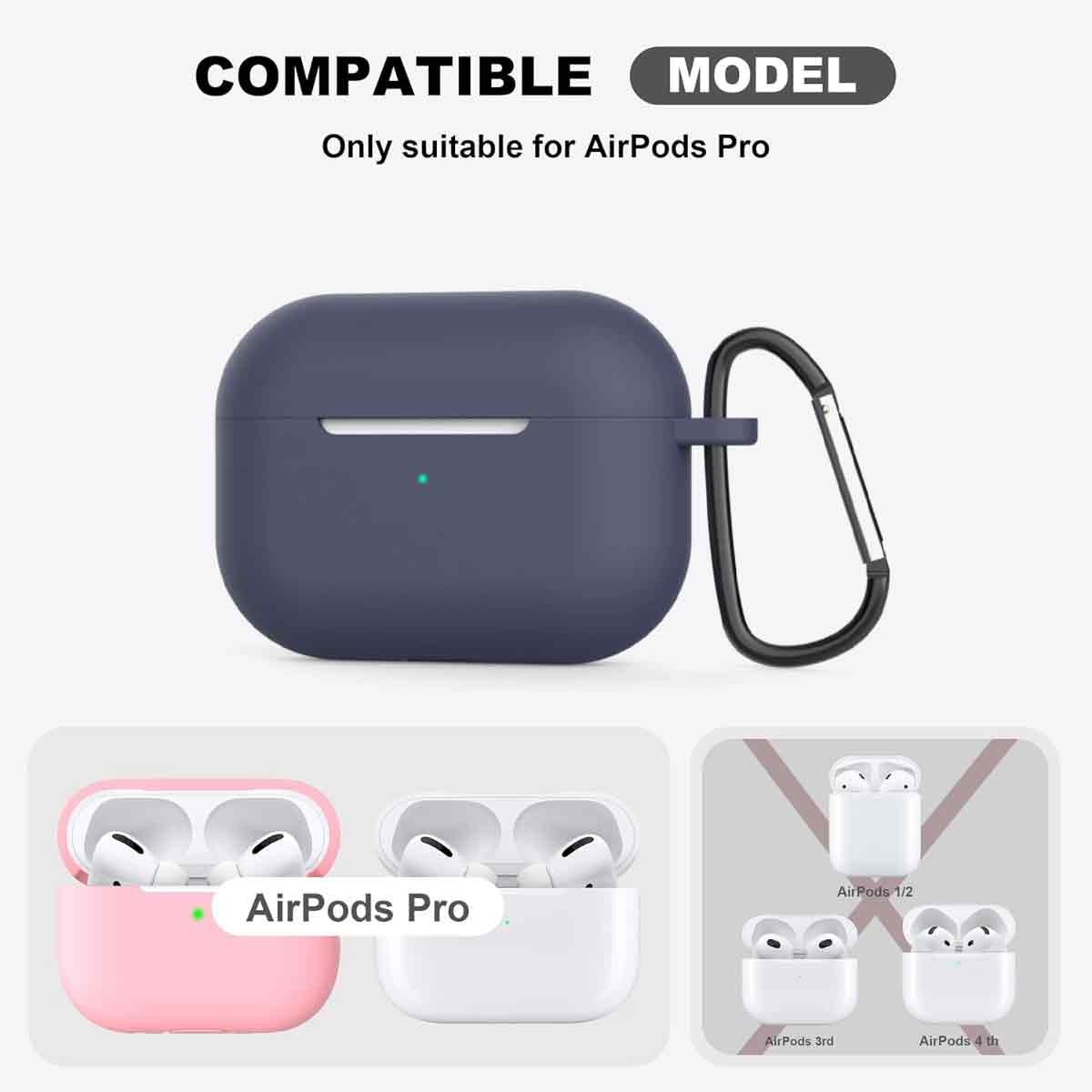 Eine dunkelblaue AirPods Pro Hülle mit einem schwarzen Karabiner und drei AirPods Hüllen: rosa, weiß und eine graue mit verschiedenen AirPods Modellen.