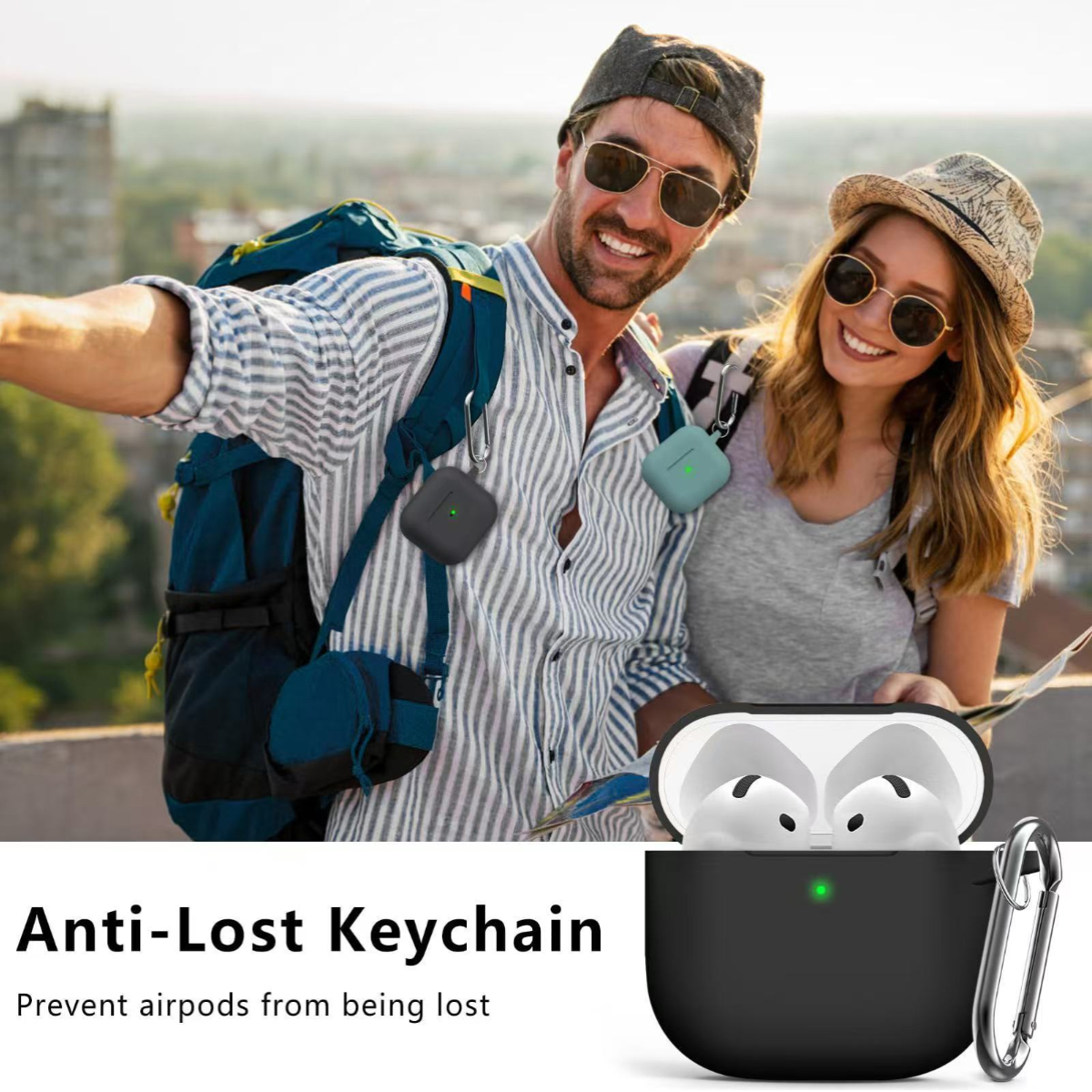Ein Paar mit Sonnenbrillen, hält Schutzhüllen für AirPods, eine ist offen und zeigt die Ohrhörer. Anti-Verlust-Schlüsselanhänger.
