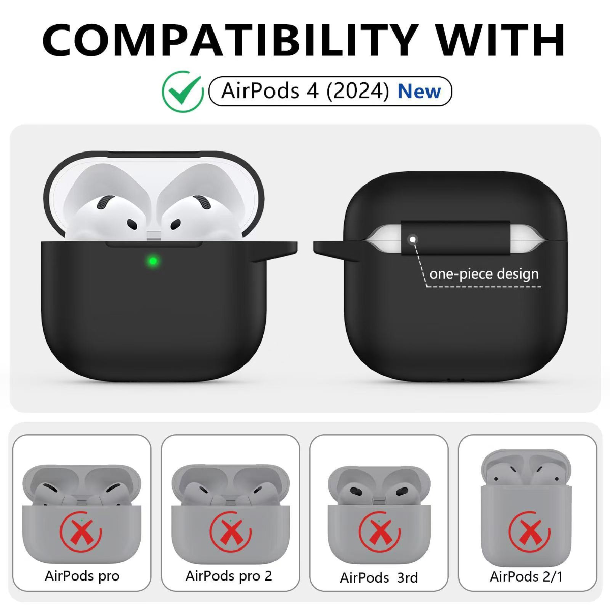 Das Bild zeigt AirPods 4-Hülle und Kompatibilität. Die Hülle ist schwarz, mit einem grünen Licht. Unten sind AirPods-Modelle mit rotem X.