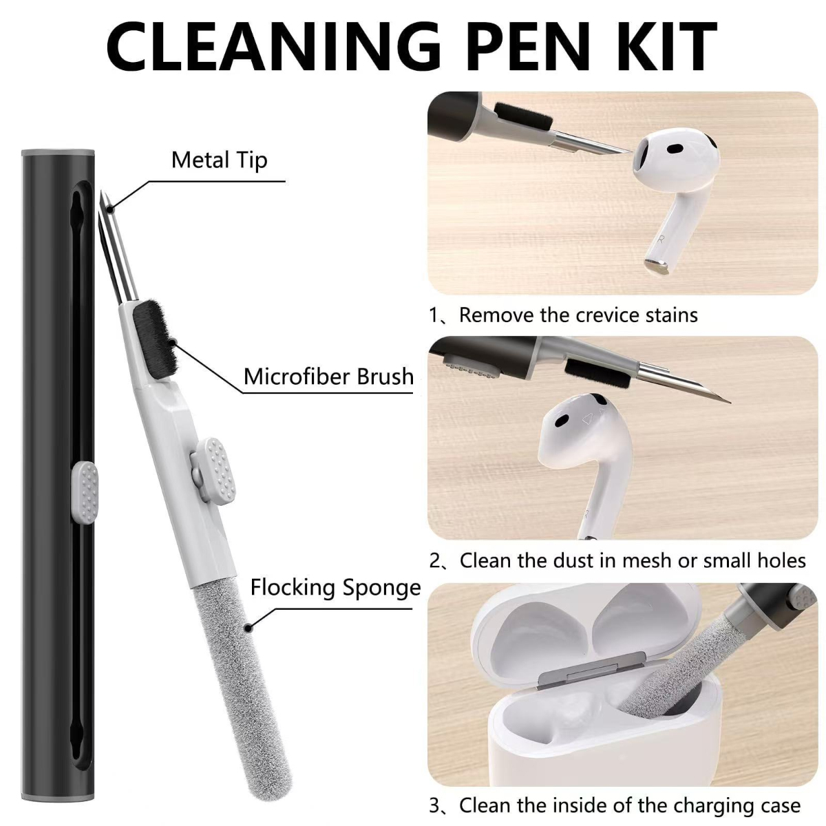 Ein Reinigungsstift-Kit mit Metallspitze, Mikrofaserbürste und Flockschwamm zur Reinigung von Ohrhörern und Ladecase. Anweisungen sind enthalten.
