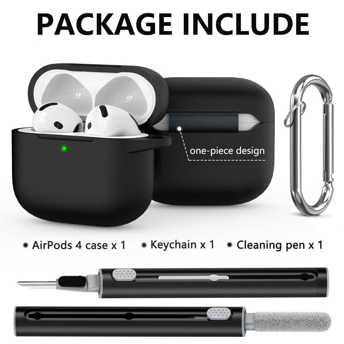 Das Bild zeigt eine schwarze AirPods-Hülle mit weißen AirPods, einem Schlüsselanhänger und einem Reinigungstift. Text zeigt, dass das Paket diese Artikel enthält.