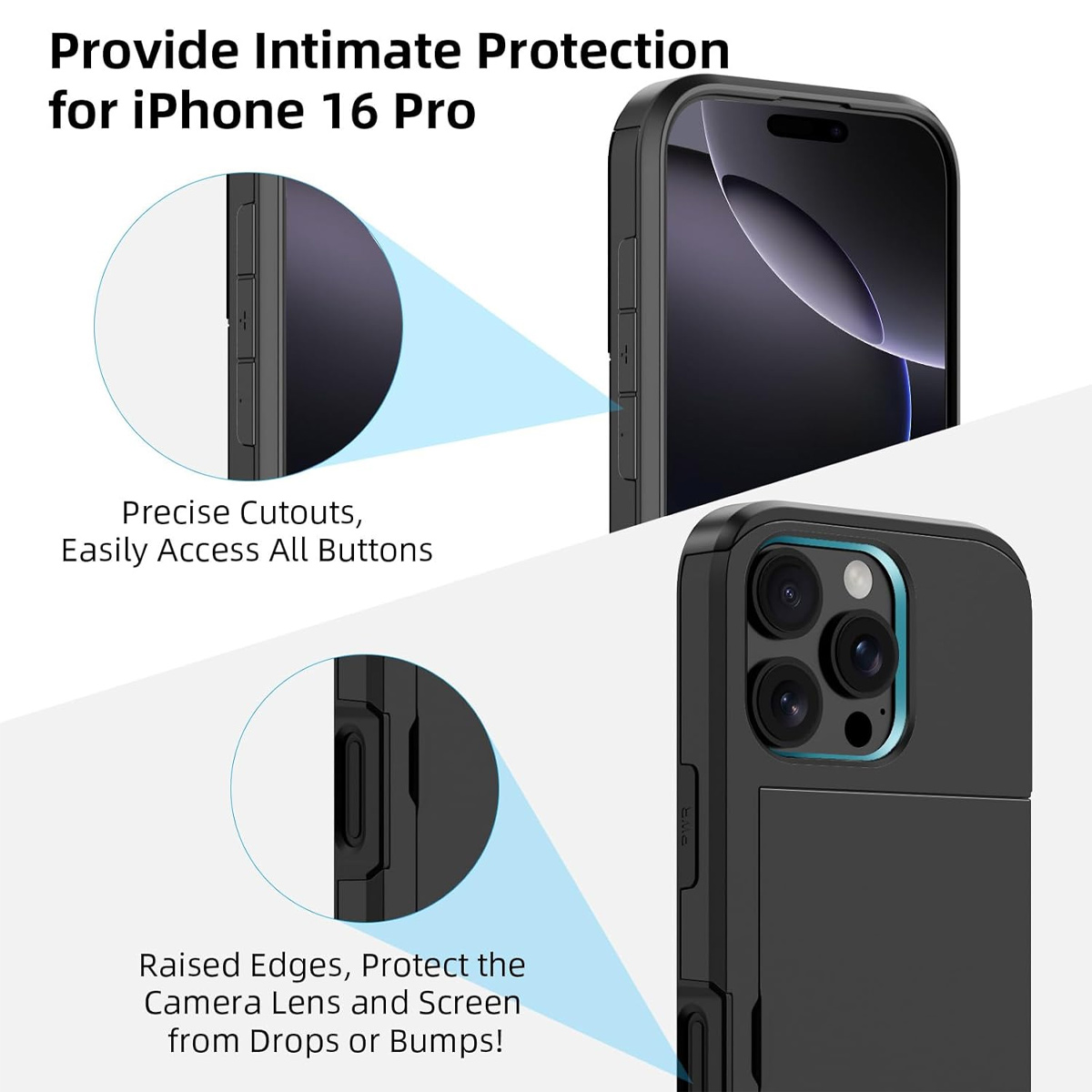 Schwarze iPhone 16 Pro Hülle mit erhöhten Kanten. Präzise Aussparungen für Tasten und Schutz für Kamera und Bildschirm.