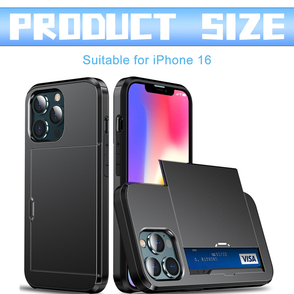 Schwarze iPhone 16 Hülle mit Kartenhalter. Produktgröße Text. Geeignet für iPhone 16. Eine Kreditkarte ist in der Hülle sichtbar.
