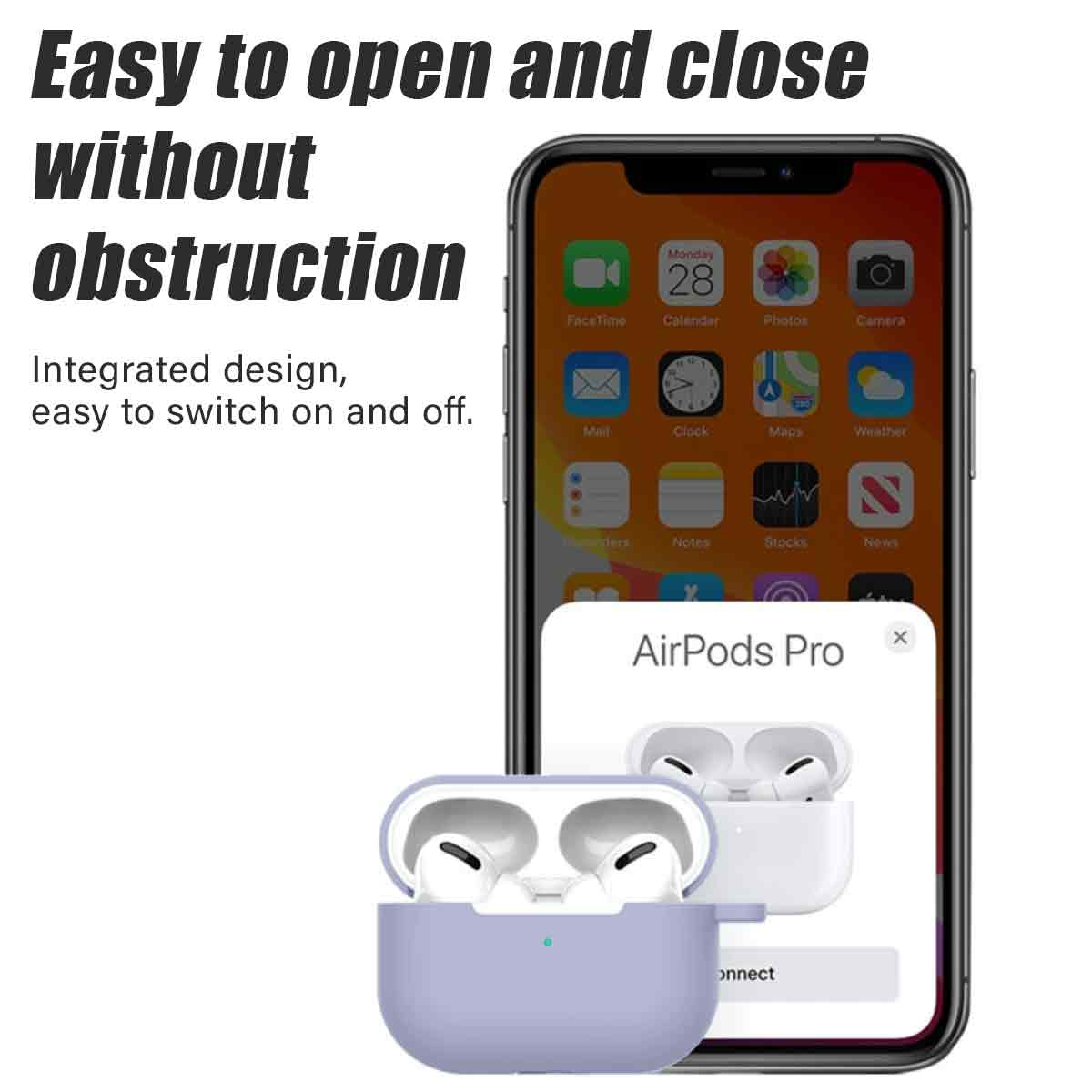 Das Bild zeigt ein iPhone mit AirPods Pro, ein Case im Vordergrund. Text: Einfaches Öffnen und Schließen ohne Behinderung. Integriertes Design.