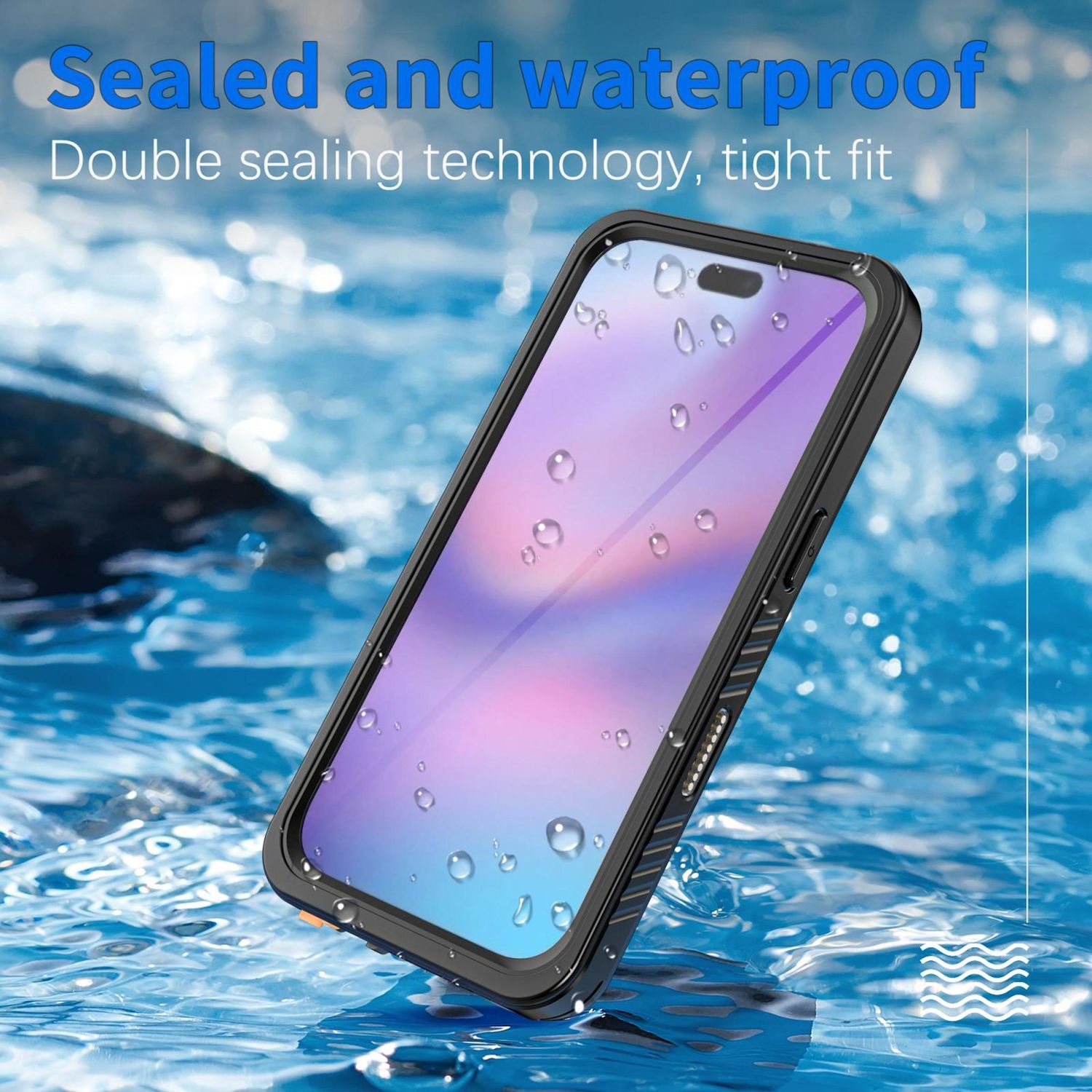 Ein Telefon in einer wasserdichten Hülle, das in Wasser getaucht ist. Wassertropfen sind auf dem Bildschirm sichtbar.
