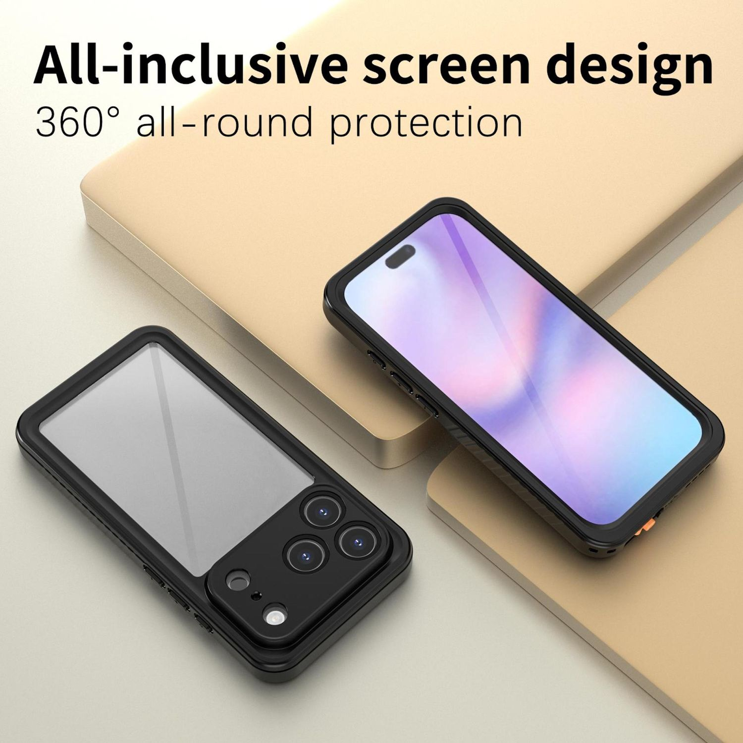 Zwei schwarze Handyhüllen mit Displayschutzfolien. Eine hat einen Kameraausschnitt. Text: All-inclusive Screen Design, 360° Rundumschutz.
