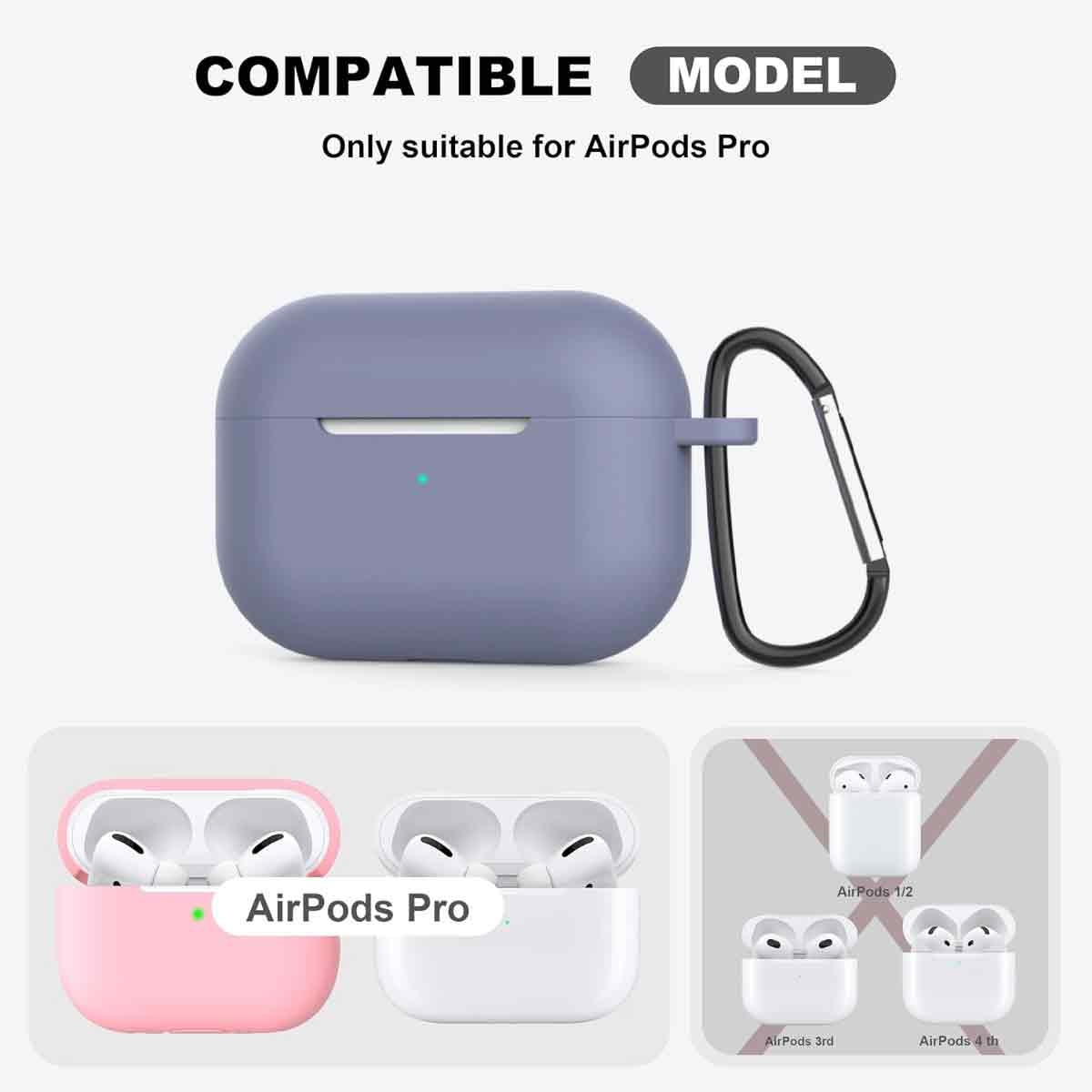 Ein lila AirPods Pro-Case mit einem schwarzen Haken. Darunter befinden sich Bilder von AirPods. Text: 'COMPATIBLE MODEL' und 'Only suitable for AirPods Pro'.