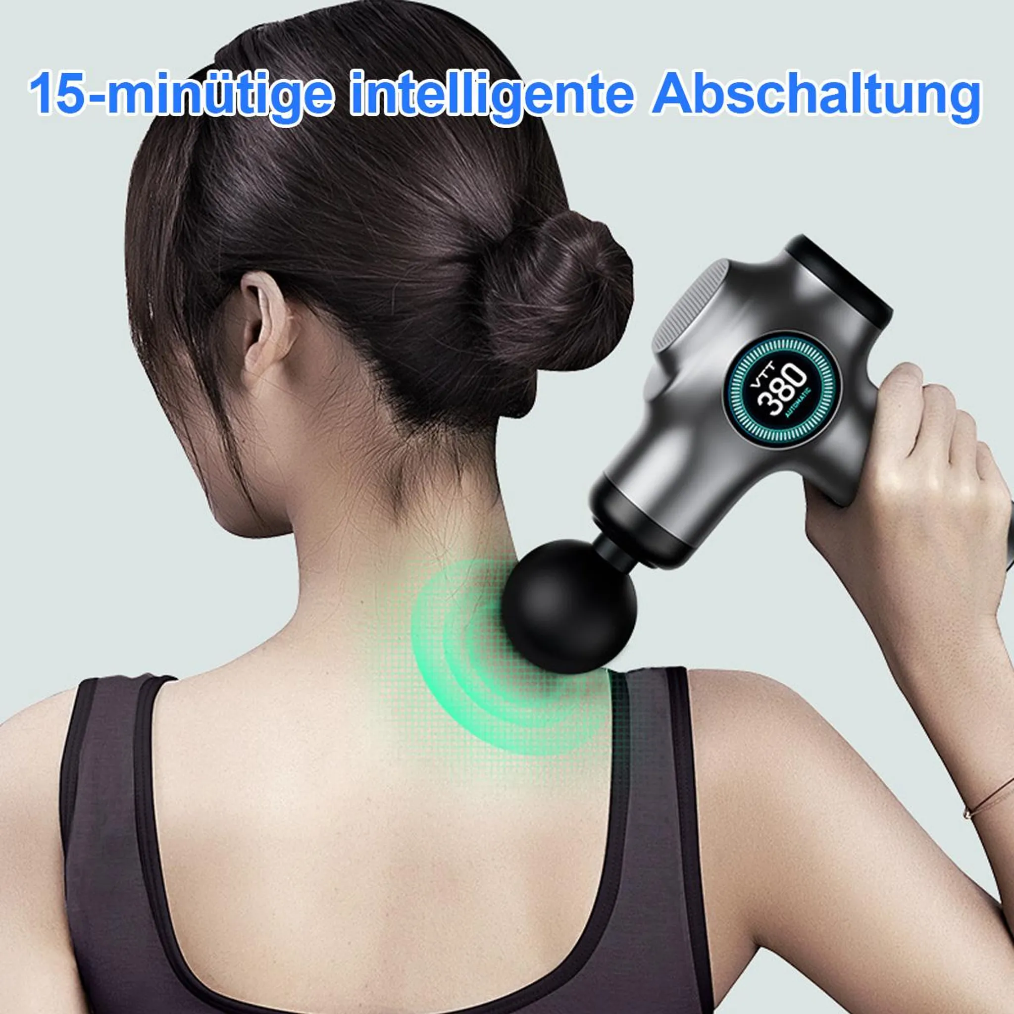 Eine Frau benutzt eine Massagepistole an ihrem Hals. Text sagt '15-minütige intelligente Abschaltung'.