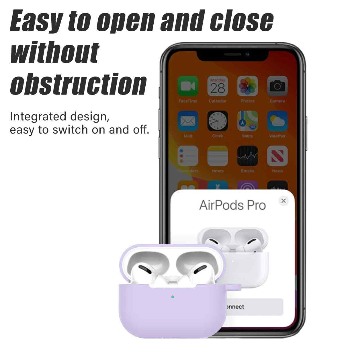 Das Bild zeigt ein iPhone mit AirPods Pro. Der Text hebt das einfache Öffnen und Schließen hervor. Die AirPods sind in einem lila Gehäuse abgebildet.