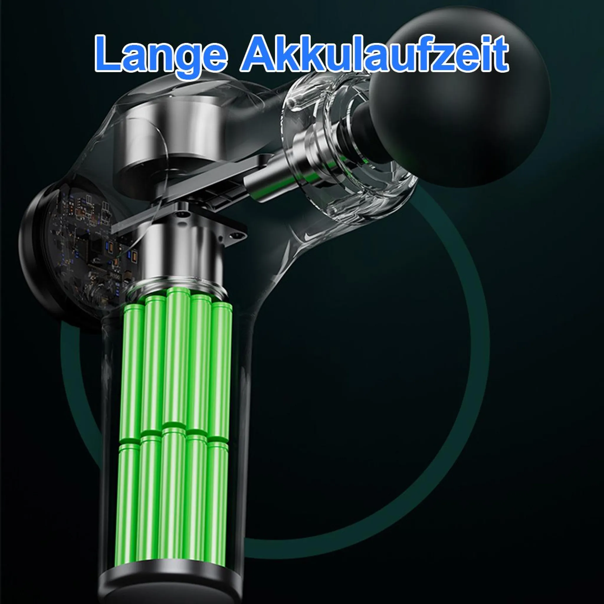 Anatomie eines Geräts mit grünen Batterien. Der Text auf Deutsch lautet 'Lange Akkulaufzeit'. Schwarzes und silbernes Design.