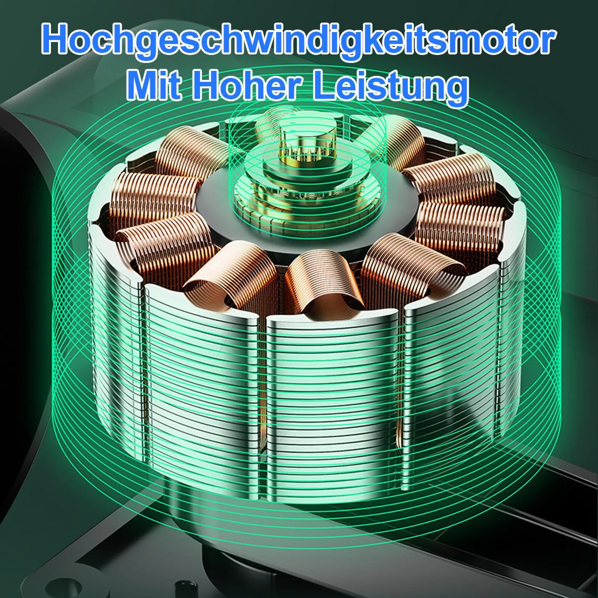 Nahaufnahme eines Hochgeschwindigkeitsmotors mit Kupferspulen. Grüne Linien heben das Design hervor und Text.