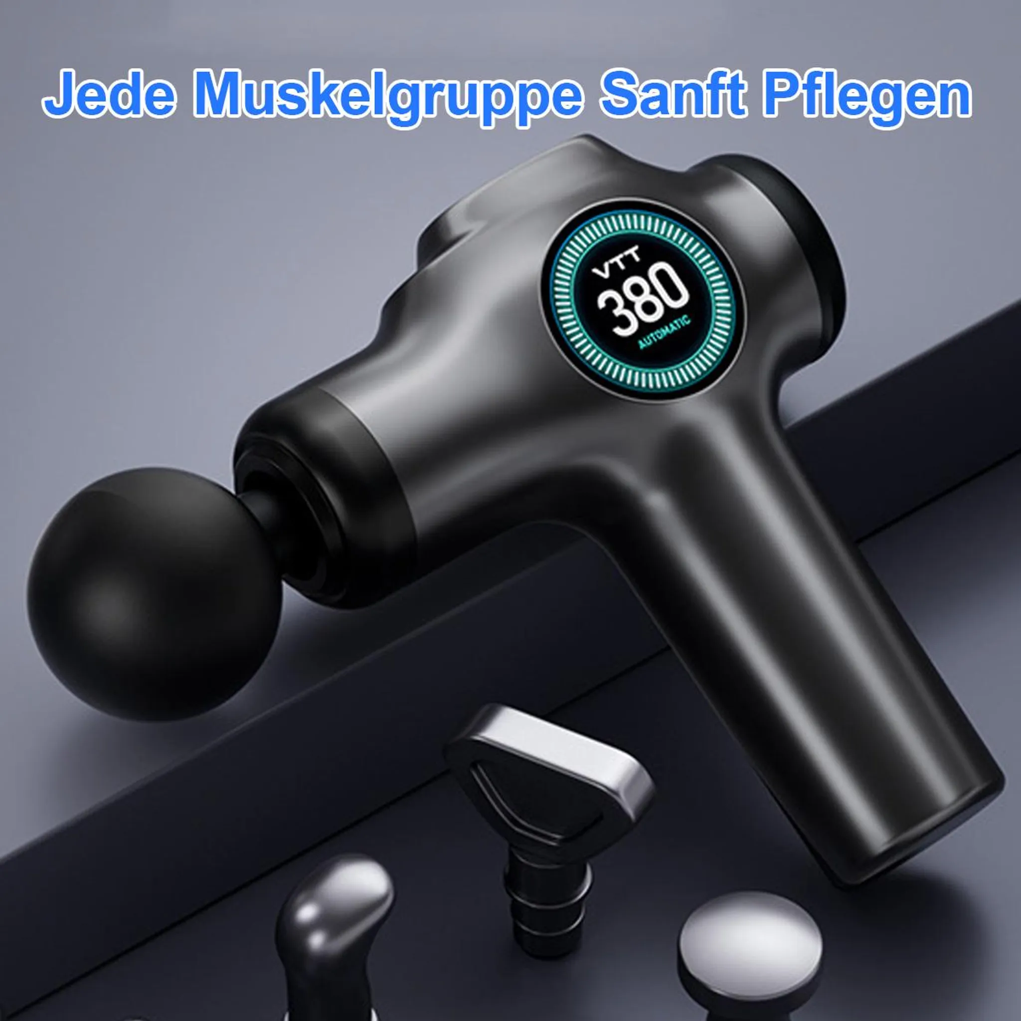 Schwarze Massagepistole mit Aufsätzen. Das Display zeigt 380, Automatic. Text oben sagt 'Jede Muskelgruppe sanft pflegen'.