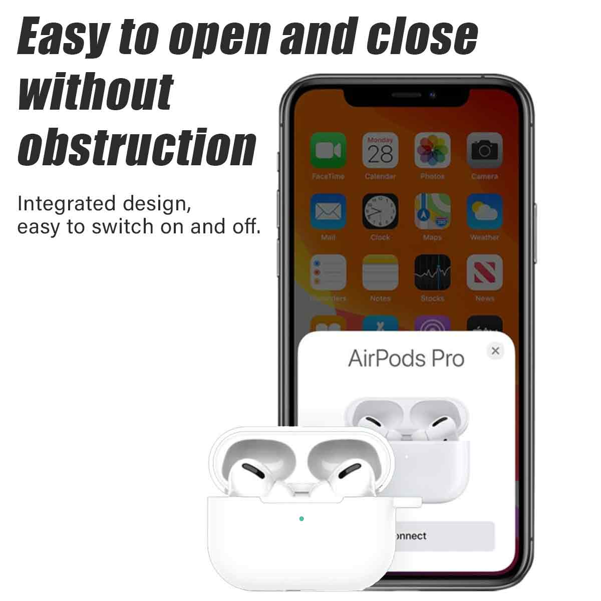 Weiße AirPods Pro-Hülle und Ohrhörer neben einem Telefon, das den AirPods Pro-Verbindungsbildschirm anzeigt.