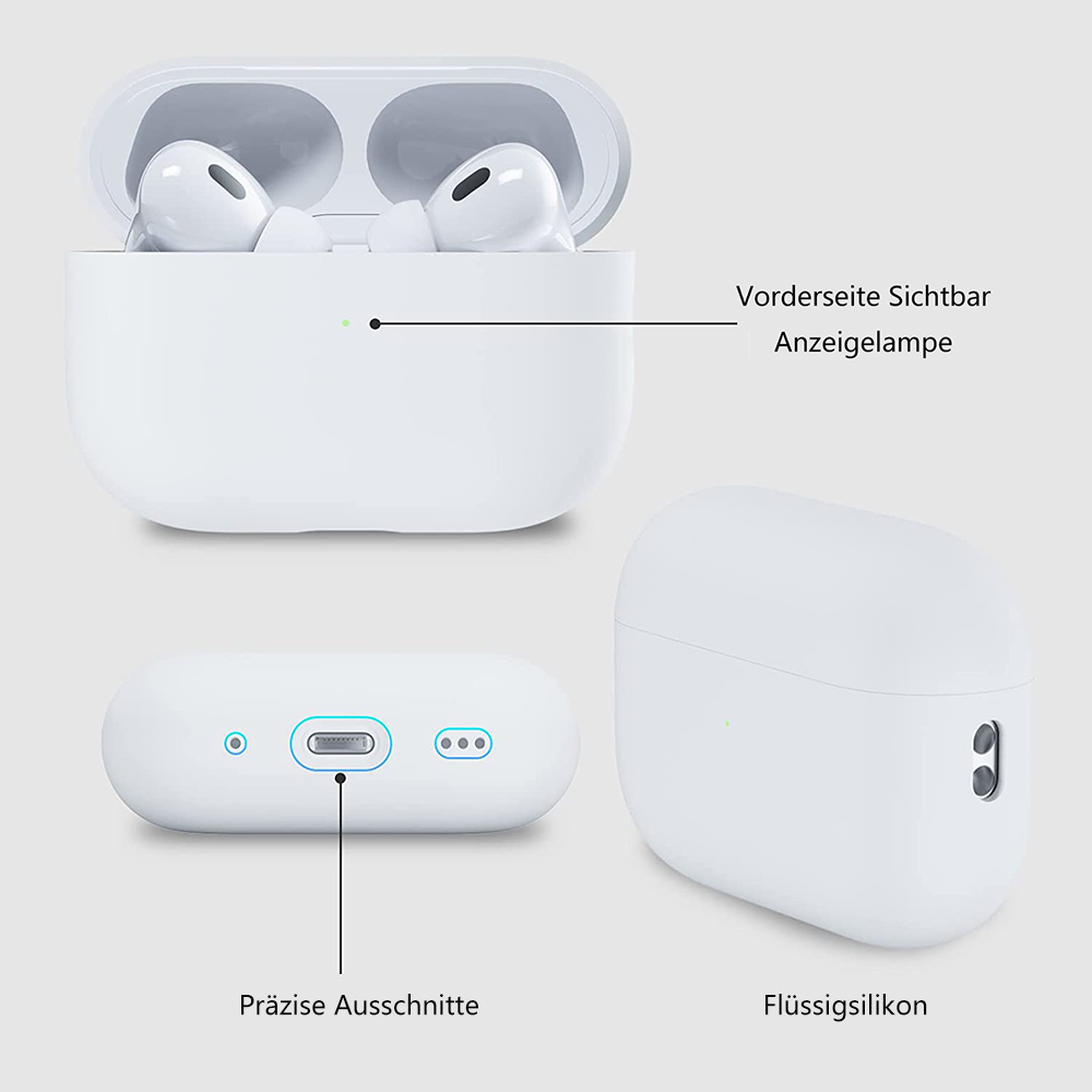 Drei weiße AirPods-Hüllen sind abgebildet. Eine ist geöffnet mit AirPods, eine mit Ladeanschluss und eine geschlossen.