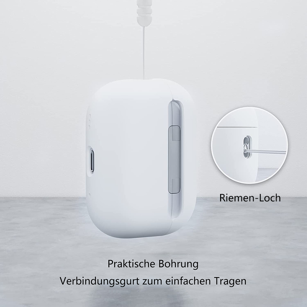 Ein weißes, abgerundetes Gerät hängt an einem Kabel. Eine Nahaufnahme zeigt ein Loch mit der Aufschrift 'Riemen-Loch'. Text darunter lautet 'Praktische Bohrung'.
