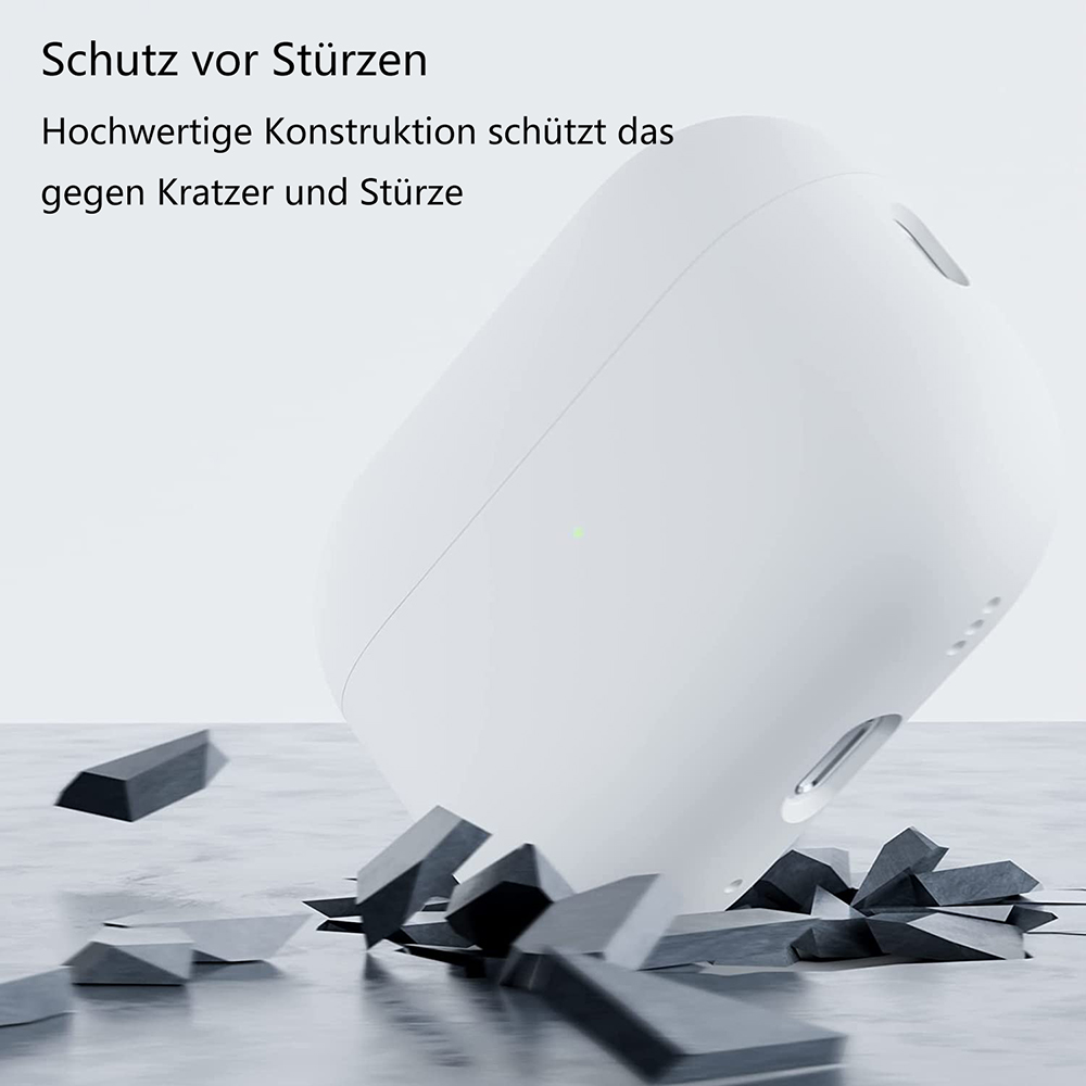 Ein weißes Ohrhörer-Etui fällt und zerbricht den grauen Beton. Text auf Deutsch: 'Schutz vor Stürzen'.