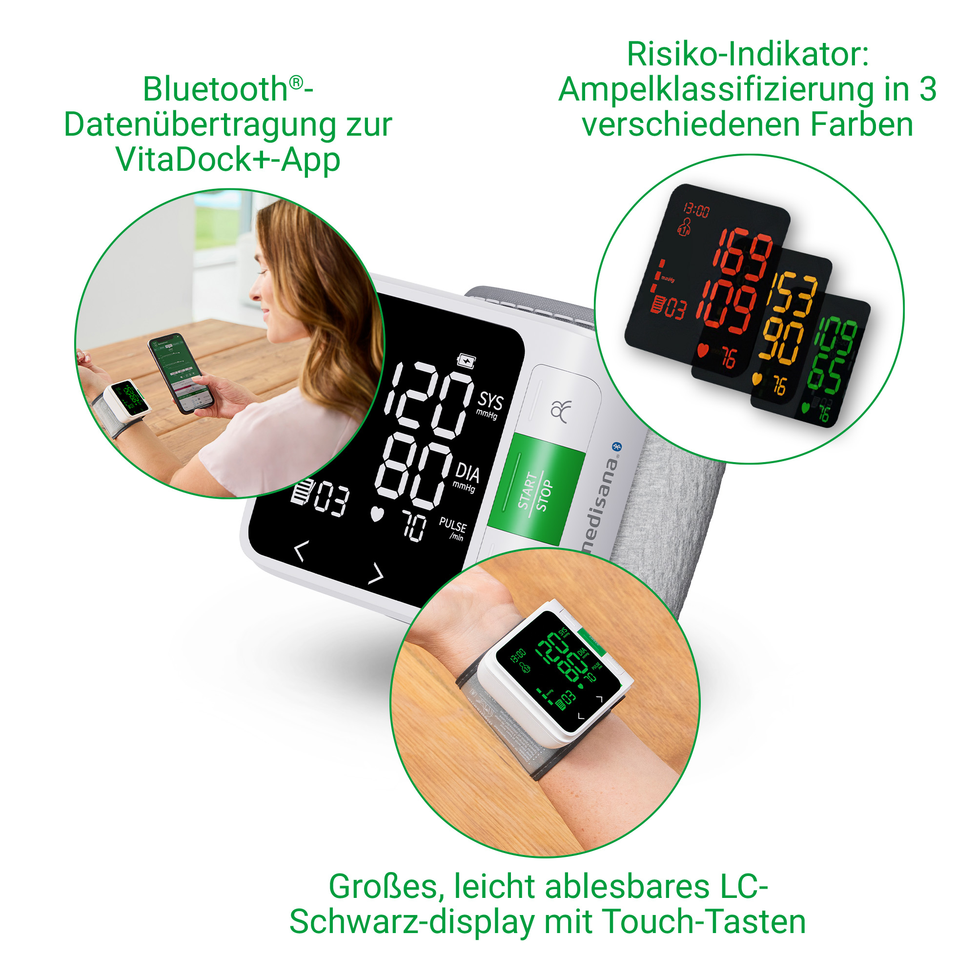 Das Bild zeigt ein Blutdruckmessgerät mit Messwerten und eine Frau, die eine Telefon-App verwendet. Anzeigen sind sichtbar.