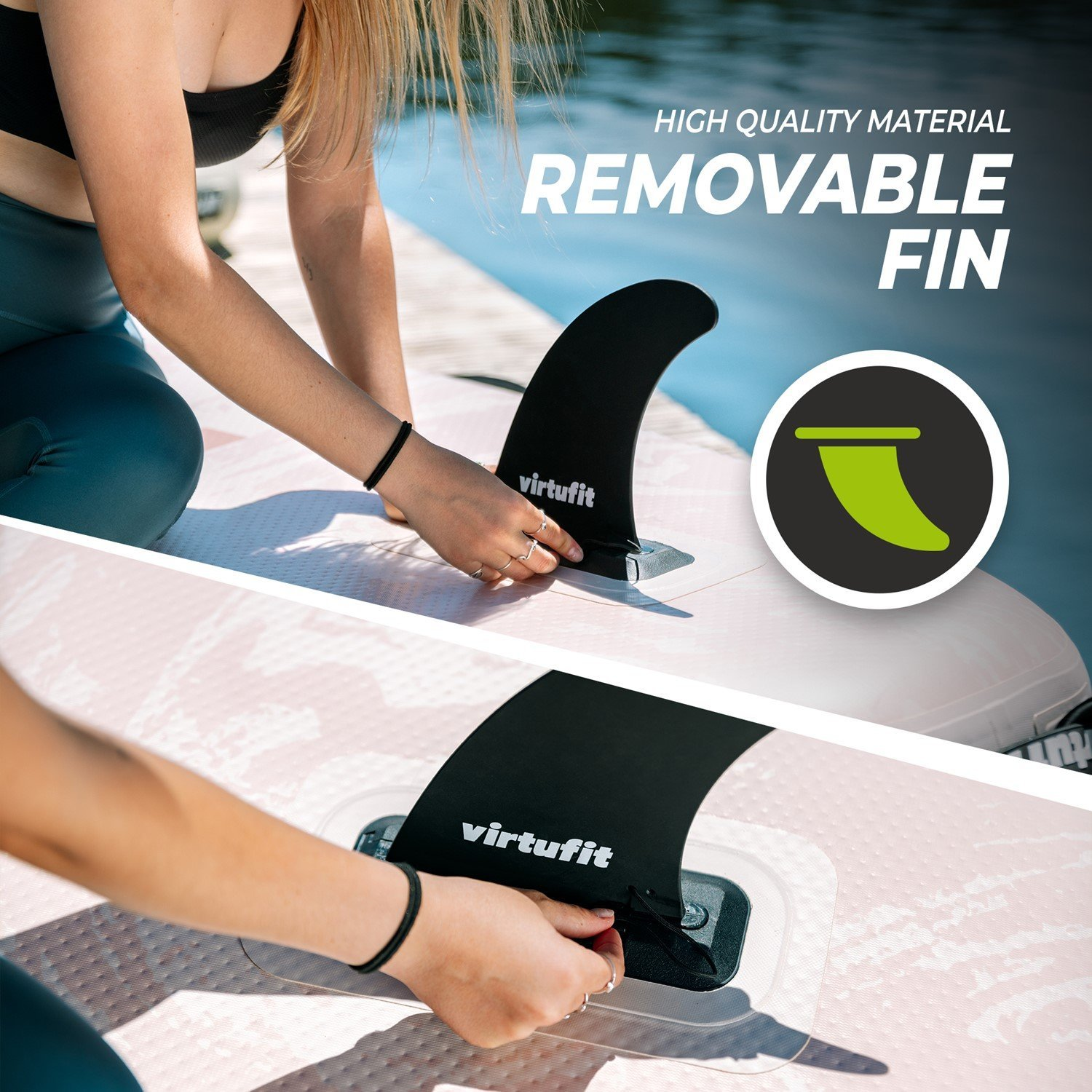 Eine Frau setzt eine schwarze Finne in ein Paddleboard ein. Die Finne ist mit 'virtufit' beschriftet. Text sagt 'abnehmbare Finne' und 'hochwertiges Material'.