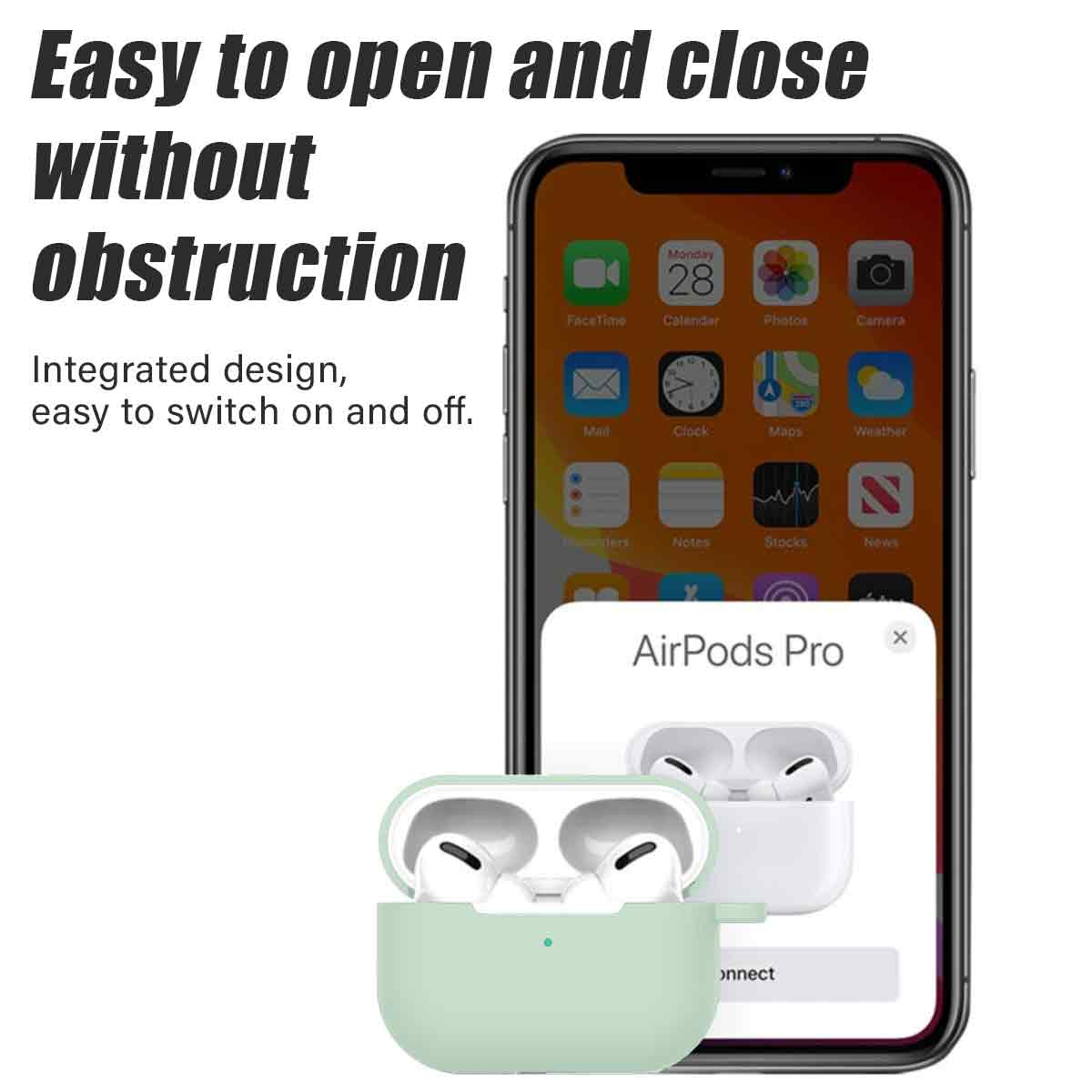 Das Bild zeigt ein iPhone mit AirPods Pro. Das Gehäuse ist offen, und es gibt Text, der besagt: 'Leicht zu öffnen und zu schließen ohne Behinderung'.