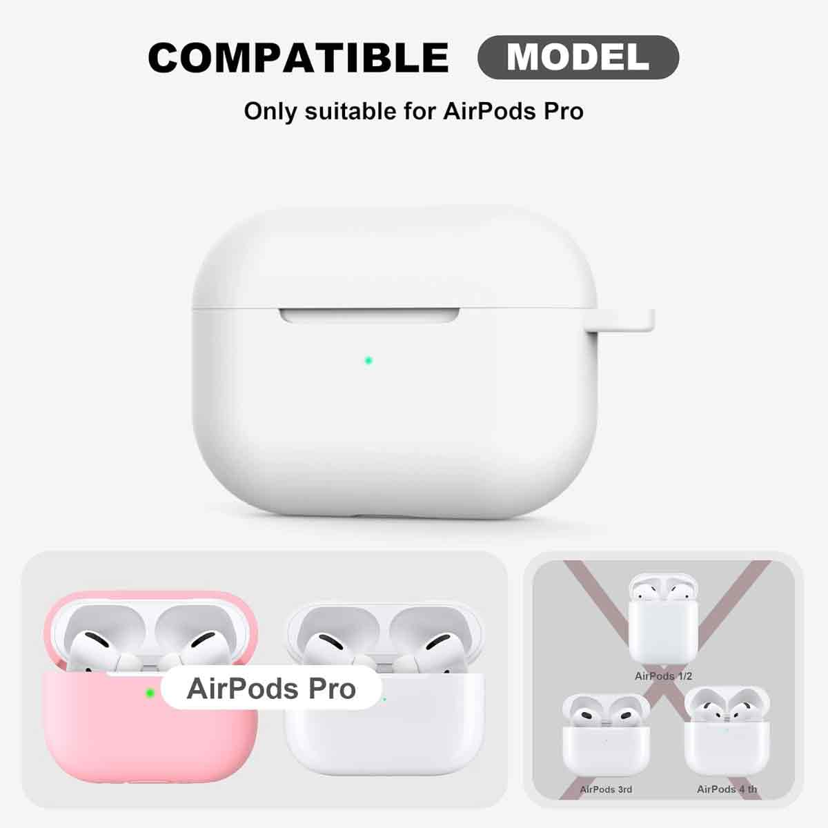 Weißes AirPods Pro Case. Darunter rosa und weiße AirPods Pro Cases. AirPods 1/2, 3rd und 4th Generation Cases sind ebenfalls abgebildet.