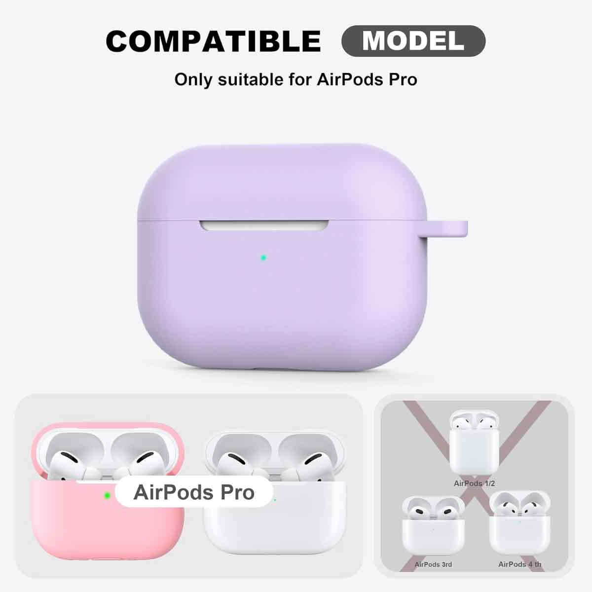 Gezeigt wird ein lila AirPods Pro-Case. Darunter befinden sich rosa und weiße AirPods Pro sowie Bilder von AirPods 1/2, 3rd und 4th Generation.