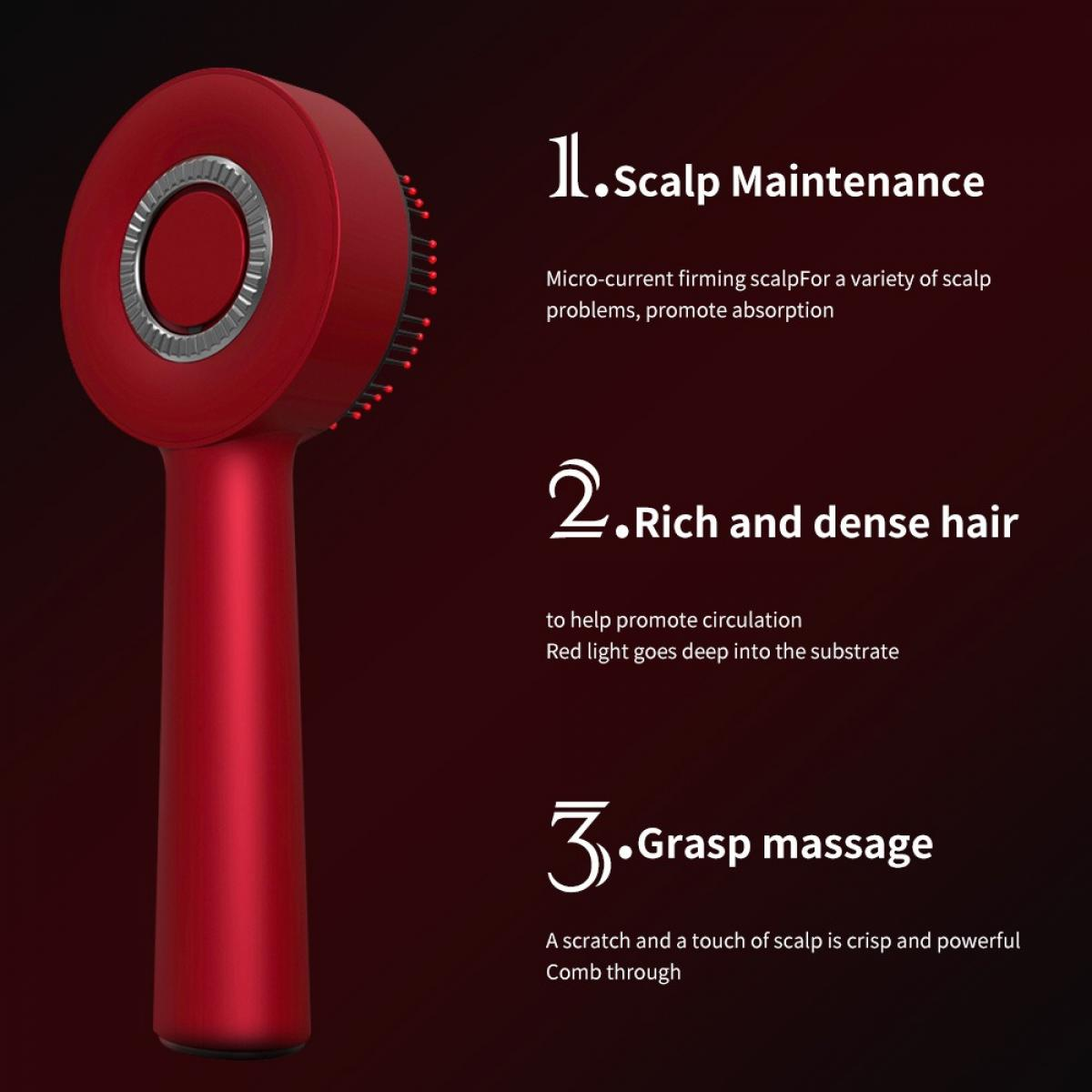 Ein rotes Kopfhautmassagegerät mit Text, der seine Funktionen beschreibt, einschließlich Kopfhautpflege und Förderung von dichtem Haar.