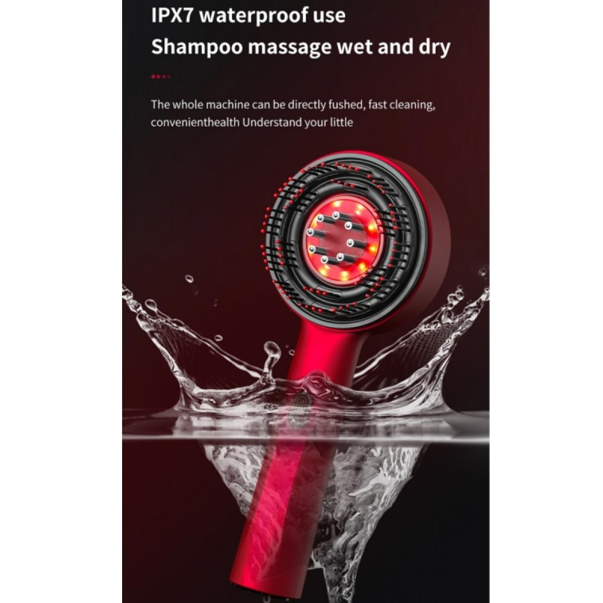 Ein roter Shampoo-Massagegerät im Wasser, mit Wasserspritzern. Es hat einen schwarzen Kopf mit roten Lichtern und Text.