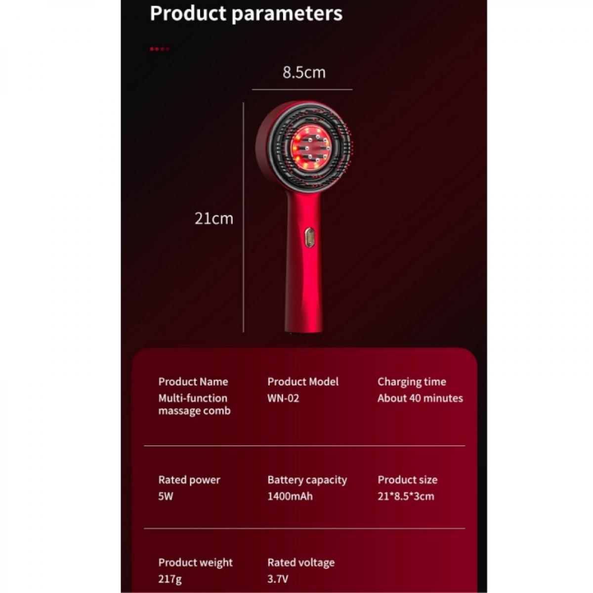 Ein roter Massagekamm mit Maßangaben. Details umfassen Produktname, Modell, Ladezeit, Nennleistung und Batteriekapazität.