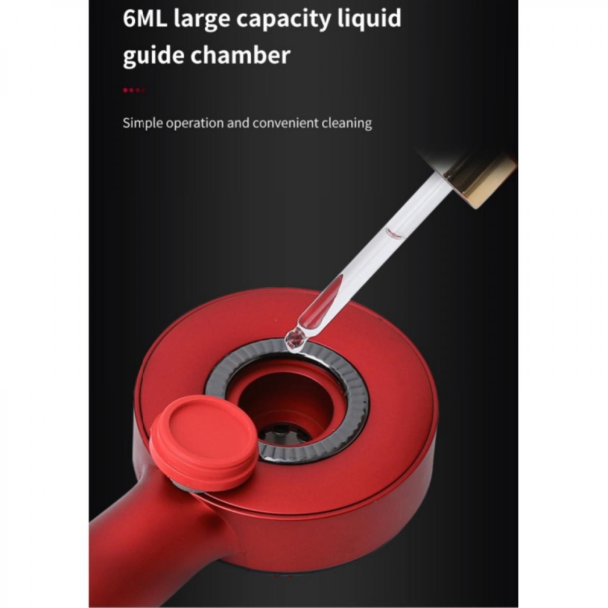 Rotes Gerät mit einer Pipette darüber. Text lautet: '6ML große Flüssigkeitsführungskammer' und 'Einfache Bedienung und bequeme Reinigung'.