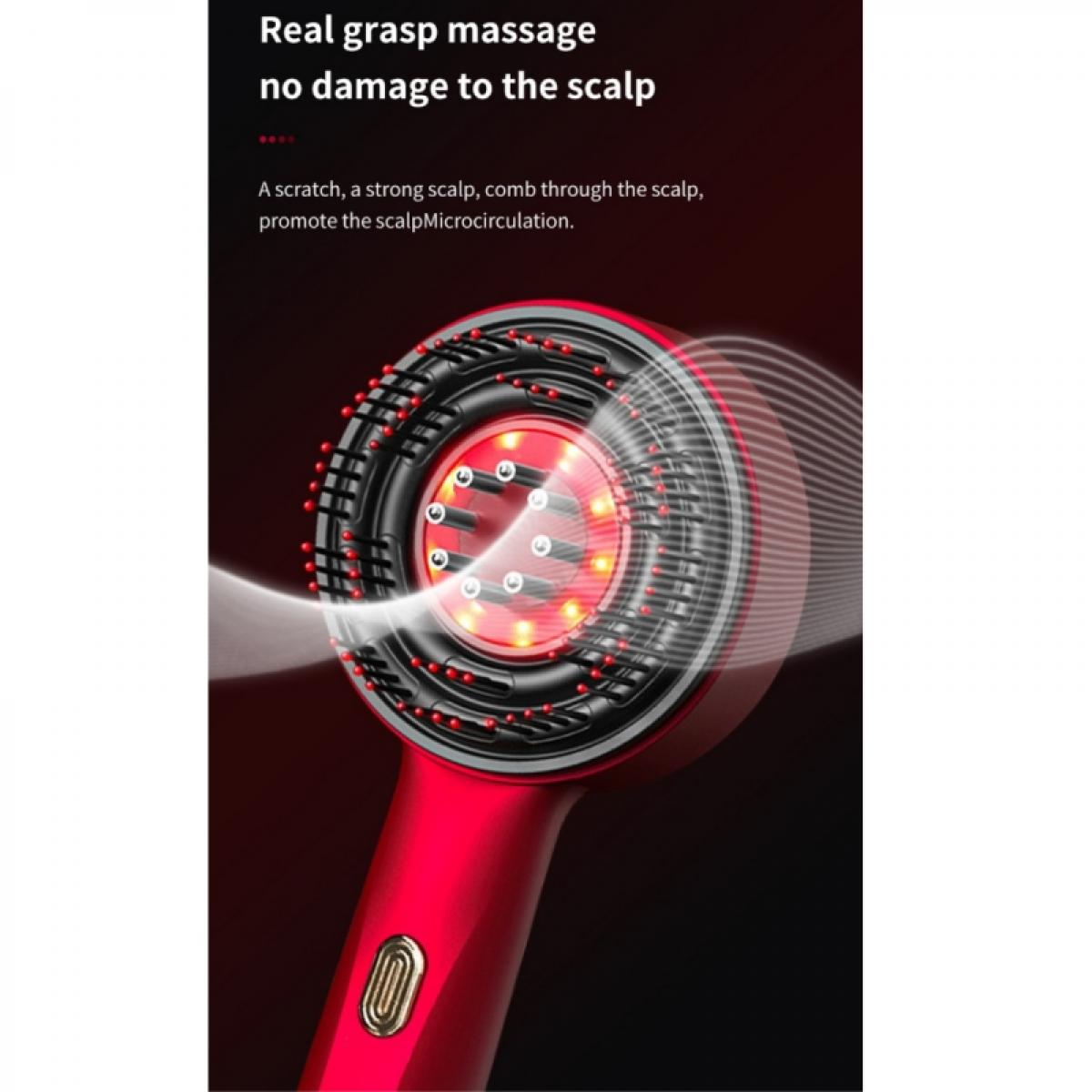 Gezeigt wird ein rotes und schwarzes Kopfhautmassagegerät. Es hat rote Lichter und einen goldenen Knopf. Das Bild hat Text über Kopfhautmassage.