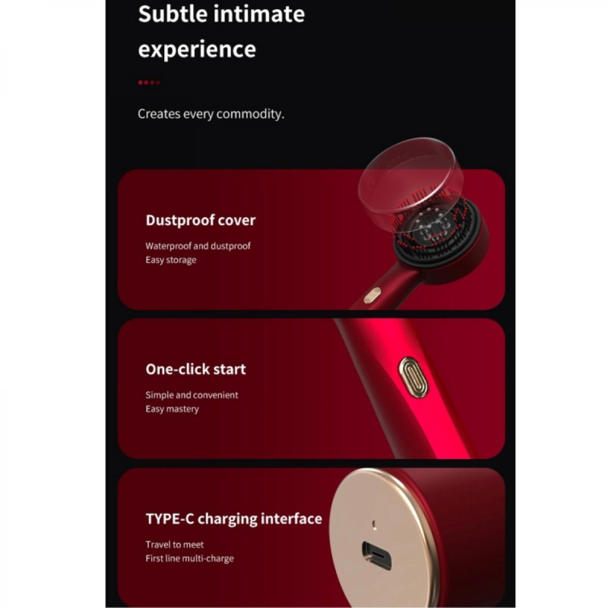 Ein roter Haarstyler mit staubdichter Abdeckung, One-Click-Start und Typ-C-Ladeschnittstelle auf dunkelrotem und schwarzem Hintergrund.