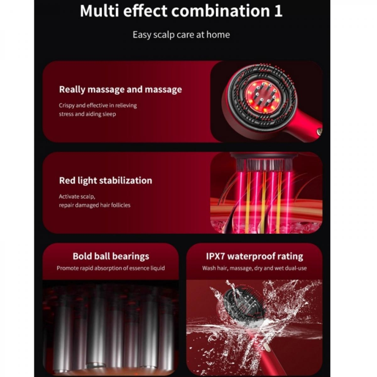 Das Bild zeigt ein rotes Haarmassagegerät mit Text, der Funktionen wie Massage, Rotlicht, Kugellager und Wasserdichtigkeit hervorhebt.