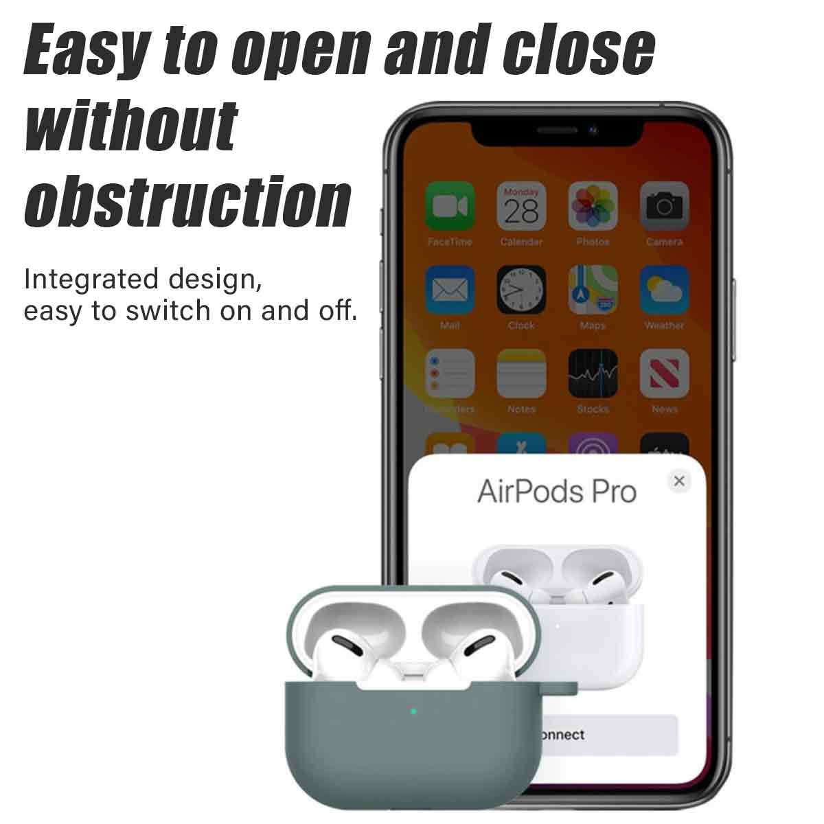 Das Bild zeigt ein iPhone mit AirPods Pro. Das Gehäuse ist geöffnet und zeigt die Ohrhörer. Der Text lautet 'Leicht zu öffnen und zu schließen ohne Behinderung'.