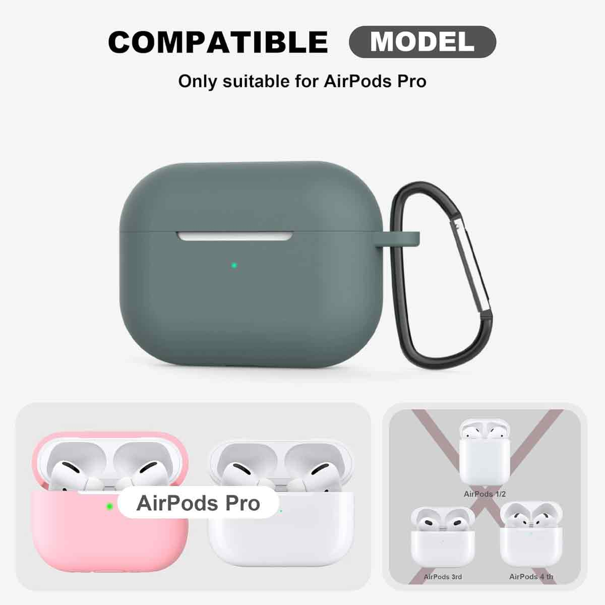 Das Bild zeigt eine AirPods Pro-Hülle mit Karabiner und Bilder von AirPods 1/2, 3. und 4. Generation.