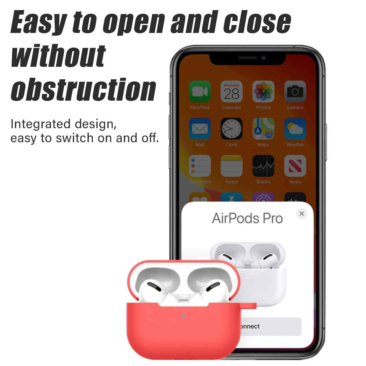 Ein iPhone mit AirPods Pro. Das Etui ist geöffnet und zeigt die Ohrhörer. Der Text lautet: 'Leicht zu öffnen und zu schließen ohne Behinderung'.