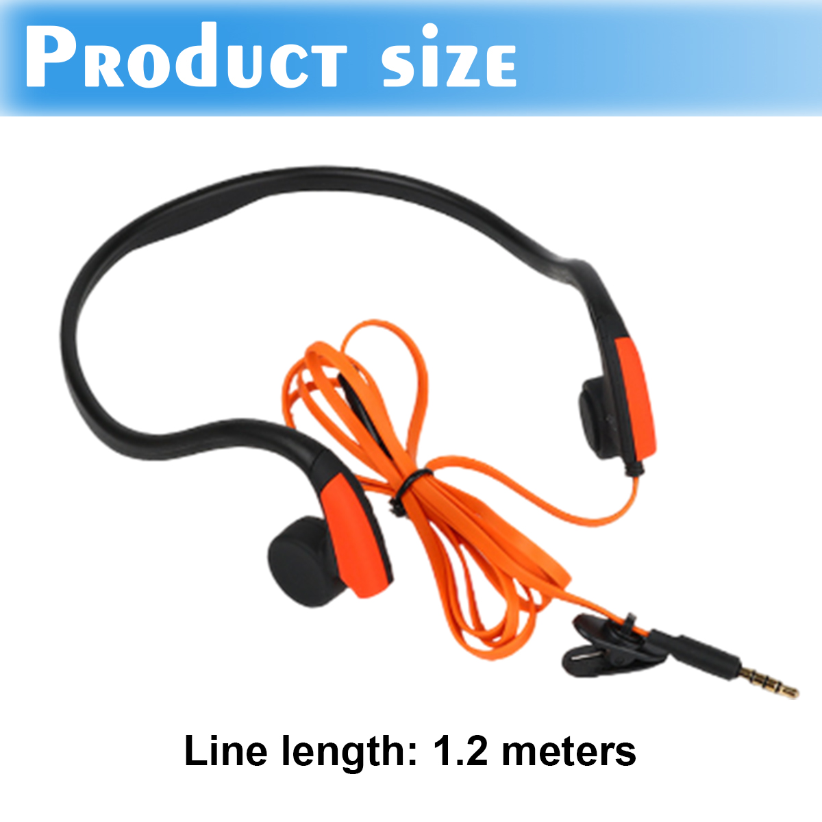 Schwarze und orangefarbene Sportkopfhörer mit orangefarbenem Kabel. Produktgrößenbild. Leitungslänge: 1,2 Meter.