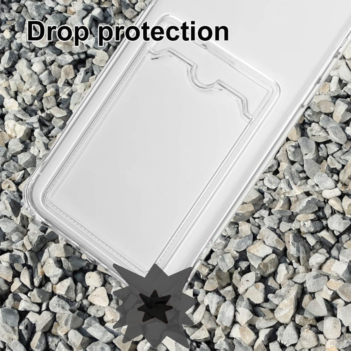 Eine transparente Handyhülle mit Kartenfach liegt auf grauem Kies. Die Worte "Drop protection" stehen oben links. Unten ist ein Stern.