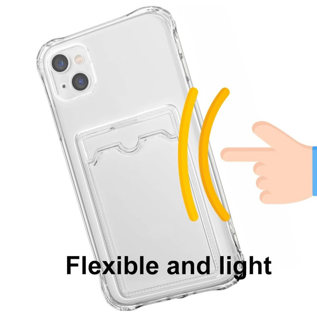 Transparente Handyhülle mit gelben Linien und einer zeigenden Hand. Text: 'Flexibel und leicht'.