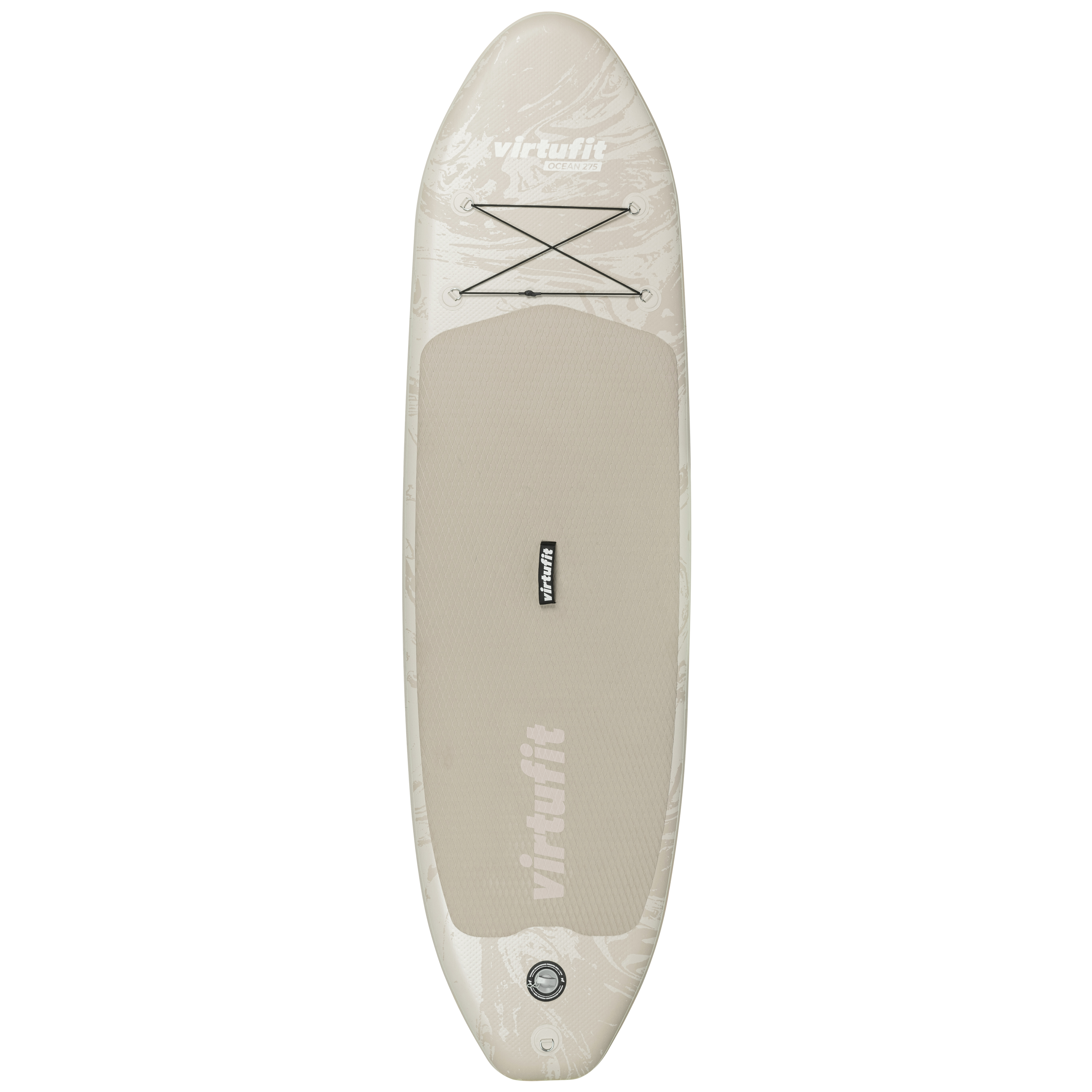Ein beiges VirtuFit Ocean 275 Paddleboard. Es hat eine strukturierte Oberfläche mit schwarzer Kordel und Logo.