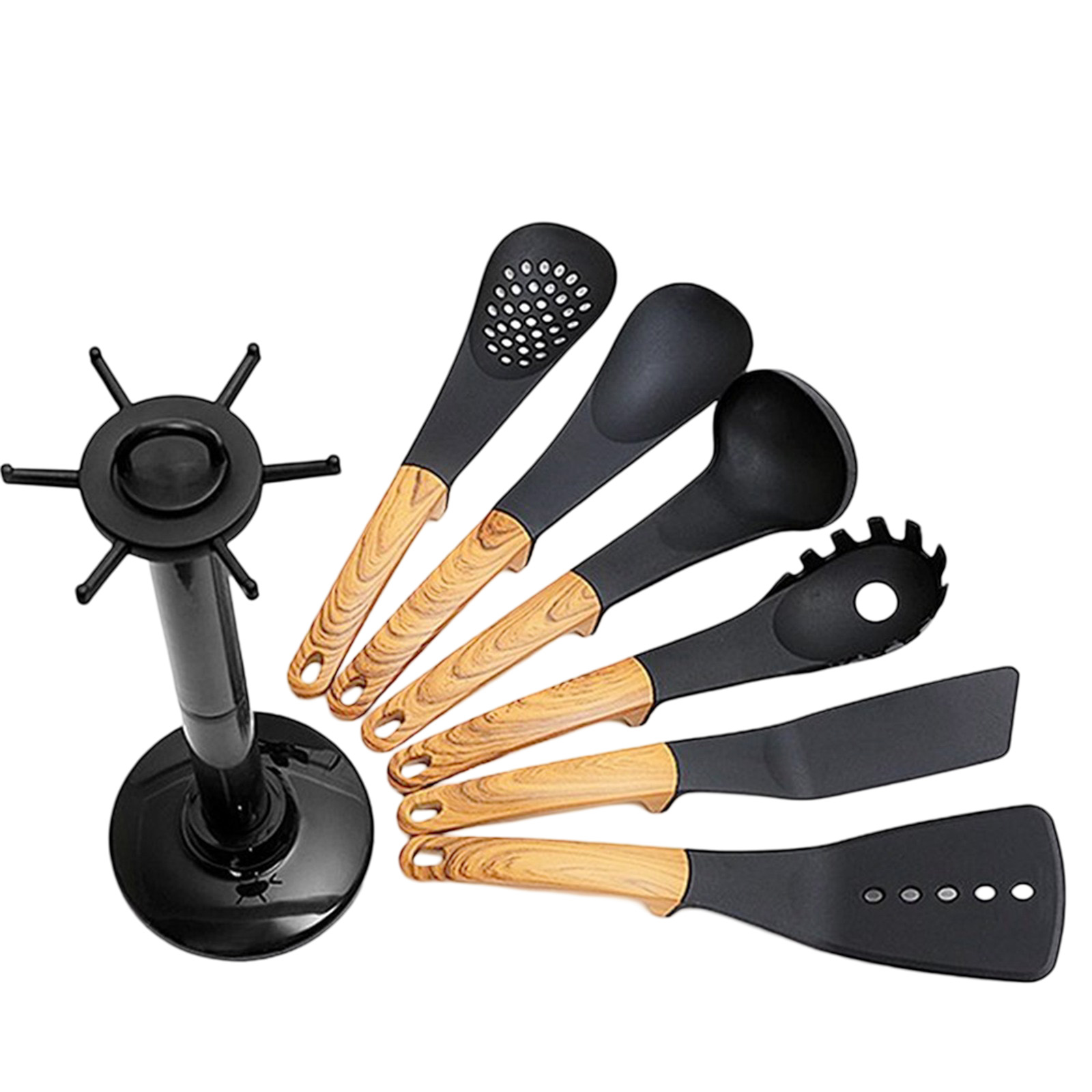 Set von Küchenutensilien mit Holzgriffen und schwarzen Spitzen, neben einem schwarzen Ständer mit Haken.