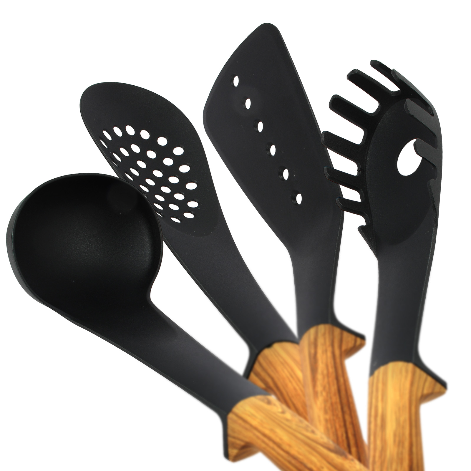 Set schwarzer Küchenutensilien mit Holzgriffen, darunter eine Kelle, ein Schöpflöffel, ein Pfannenwender und ein Nudelsieb.