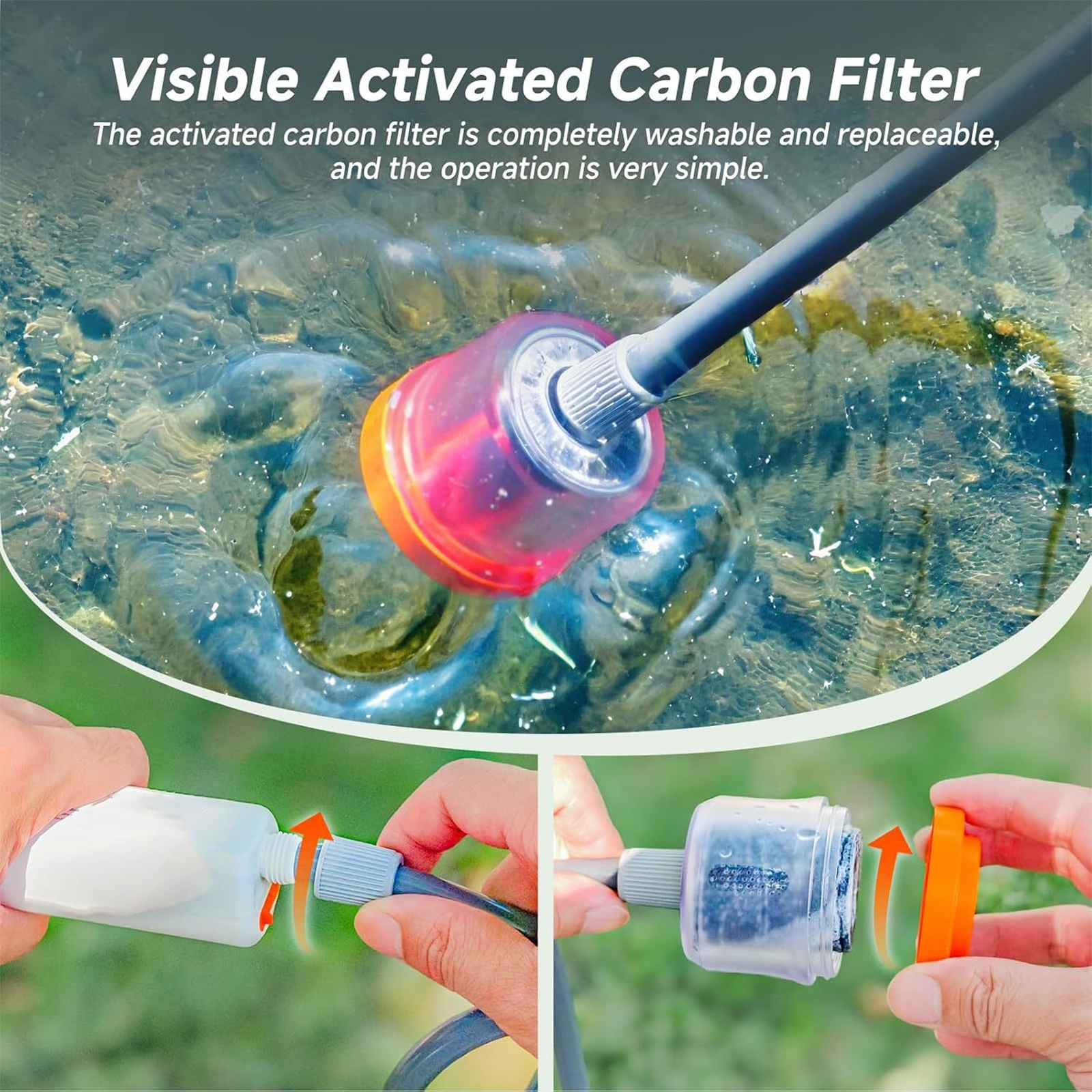 Das Bild zeigt einen Aktivkohlefilter. Hände demonstrieren den Austausch des Filters. Der Filter ist im Wasser.