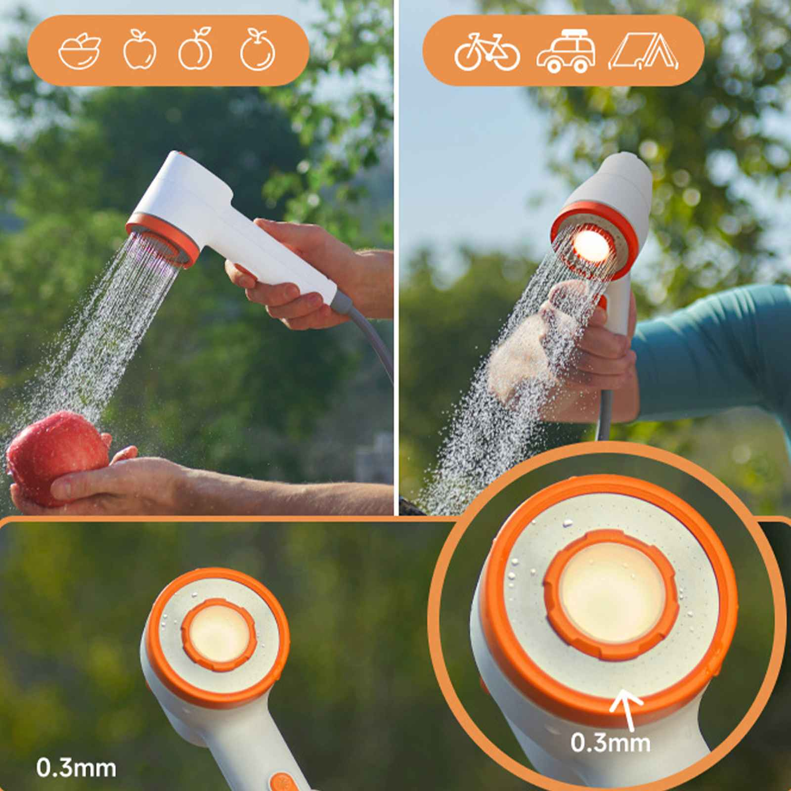 Ein weißer und orangefarbener Duschkopf sprüht Wasser. Ein Apfel wird unter Wasser gehalten. Der Hintergrund ist grün mit Fruchsymbolen.