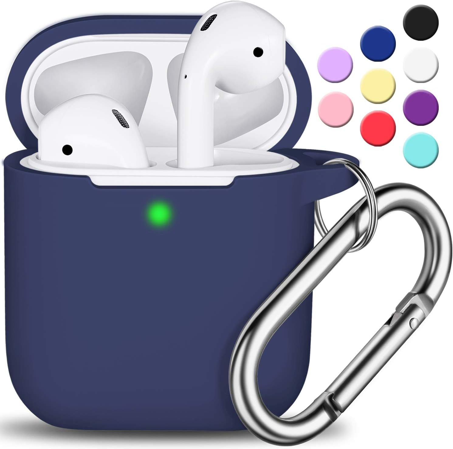Marineblaue AirPods-Hülle mit weißen AirPods darin. Silberner Karabinerhaken befestigt. Bunte Punkte im Hintergrund.