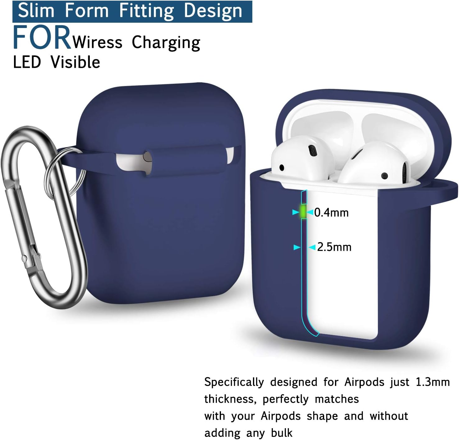 Marineblaue AirPod-Hülle mit silbernem Karabinerhaken. Im Inneren sind weiße Airpods zu sehen. Text beschreibt Design und Eigenschaften der Hülle.