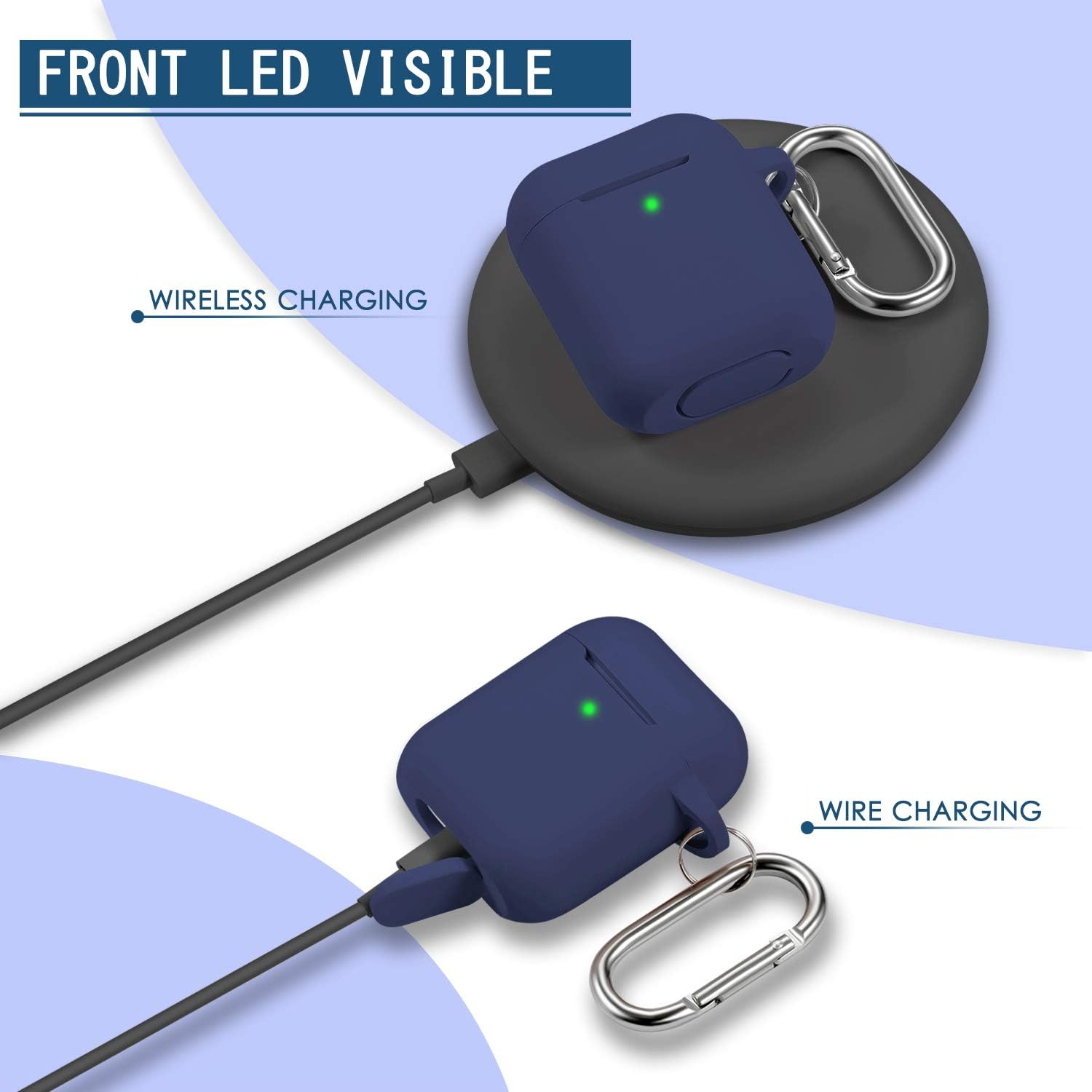 Zwei blaue kabellose Ladeetuis mit grünen Lichtern. Eines auf einem Ladepad, das andere zum Aufladen per Kabel angeschlossen.