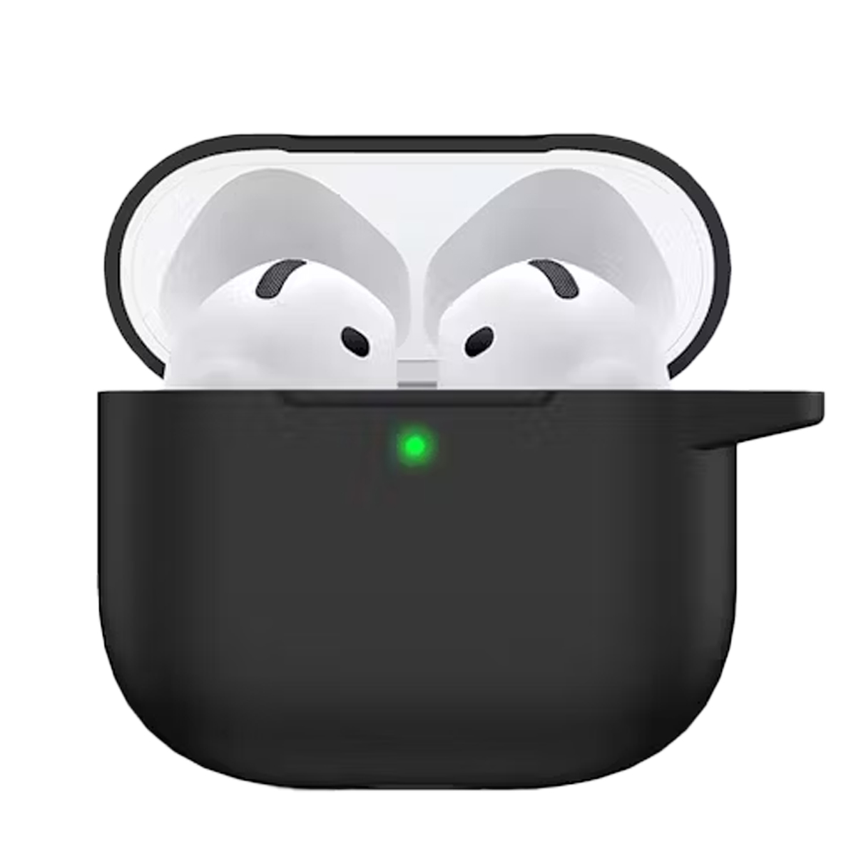 Schwarzes AirPods-Etui mit offenem Deckel, das weiße Ohrhörer zeigt. Ein grünes Licht leuchtet auf dem Etui.