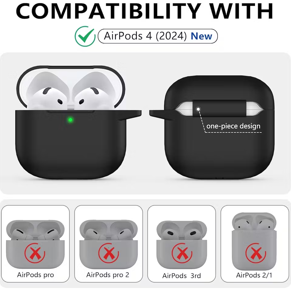 Das Bild zeigt ein schwarzes AirPods-Case, das mit AirPods 4 (2024) kompatibel ist. Andere Modelle haben ein rotes X. Text: Kompatibilität mit AirPods.