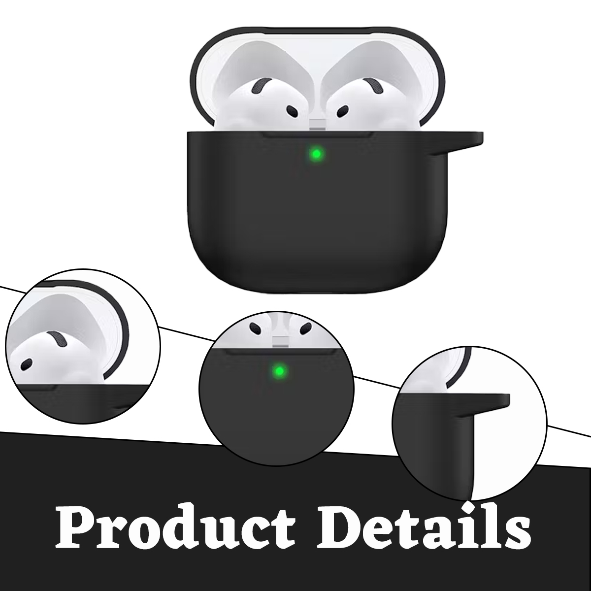 Eine schwarze AirPods-Hülle mit weißen Ohrhörern. Details zeigen Hülle und Ohrhörer, beschriftet mit 'Produktdetails'.